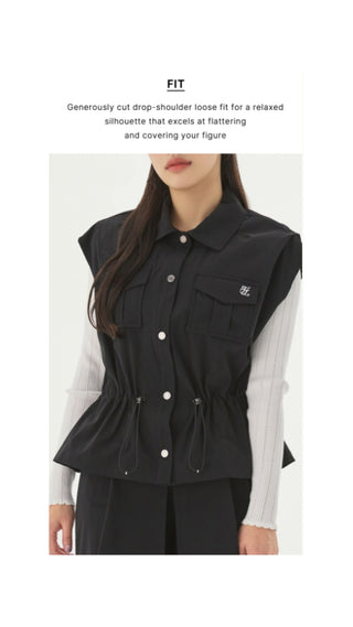 Pocket Collar Waist Band Vest (Black)