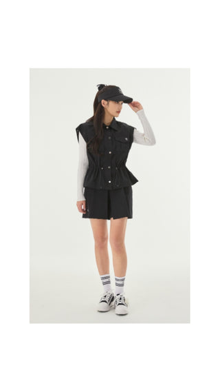 Pocket Collar Waist Band Vest (Black)