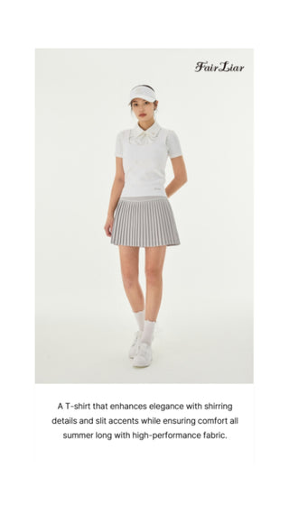 Front shirring short sleeve T Shirt (White)