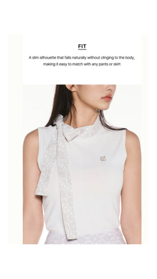 Patterned Neck Ribbon Sleeveless Knit (White)
