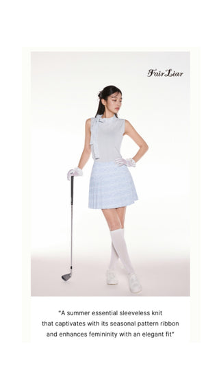 Patterned Neck Ribbon Sleeveless Knit (Blue)