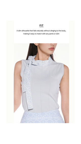 Patterned Neck Ribbon Sleeveless Knit (Blue)