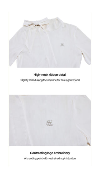 Ribbon High Neck Seven-Button T-Shirt (White)