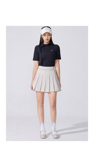 Ribbon High Neck Seven-Button T-Shirt (Black)