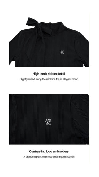 Ribbon High Neck Seven-Button T-Shirt (Black)