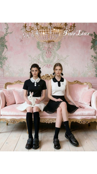 Crochet Collar Sleeveless Knit (White)