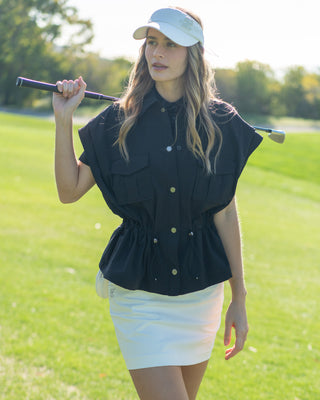 Pocket Collar Waist Band Vest (Black)