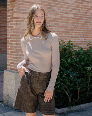 Leather Color Combination Collar Knit (Cocoa)