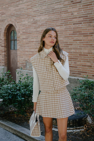 Houndstooth checkered flare skirt (Beige)