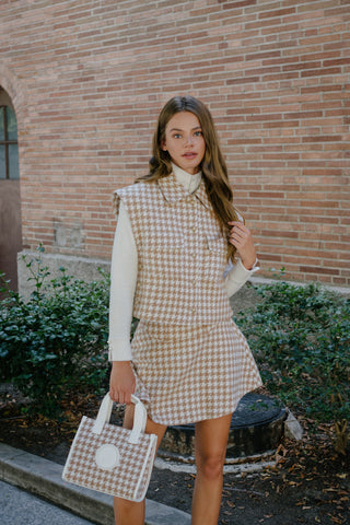 Houndstooth checkered flare skirt (Beige)