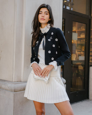 Flower Jacquard Open Ribbon Cardigan (Black)