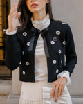 Flower Jacquard Open Ribbon Cardigan - Black