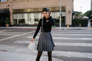 High waist overall pleated skirt (Black)