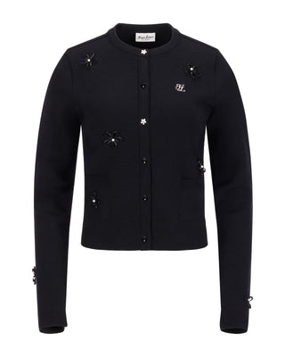 Leather flower trimmed cardigan (Black)