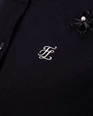 Leather flower trimmed cardigan (Black)