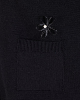 Leather flower trimmed cardigan (Black)