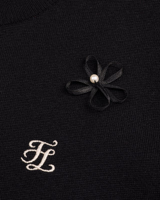 Leather flower trimmed cardigan (Black)