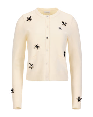 Leather flower trimmed cardigan (Cream)