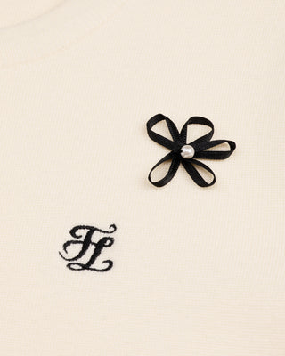 Leather flower trimmed cardigan (Cream)