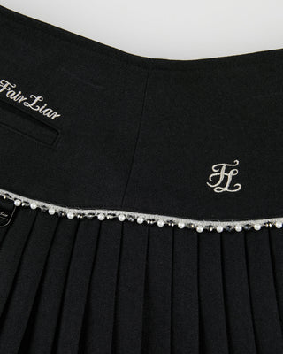 [FL Signature] Pearl & Bead Flare Pleated Skirt (Black)