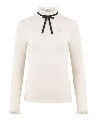 Velvet ribbon pleated T Shirt (White)