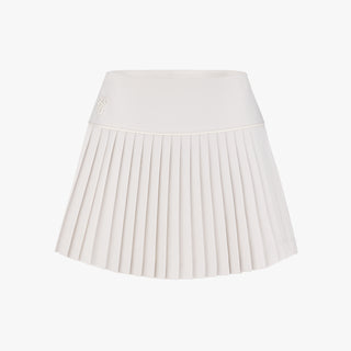 Pearl Logo Flared Pleats Skirt (Beige)