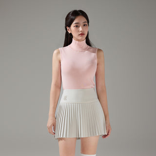 Pearl Logo Flared Pleats Skirt (Beige)