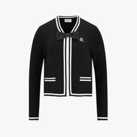 V-Neck Ribbon Zip-Up Cardigan (Black)