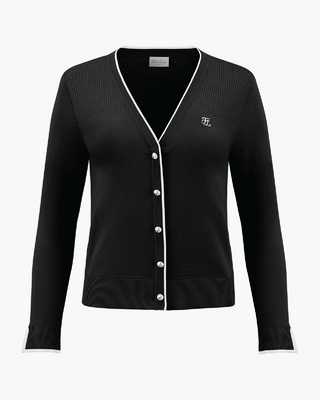 V Neck color scheme line cardigan (Black)
