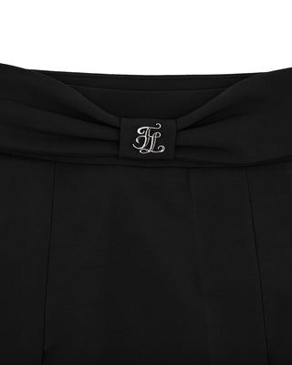 Front Ribbon Belt Wide Pleated Skirt (Black)