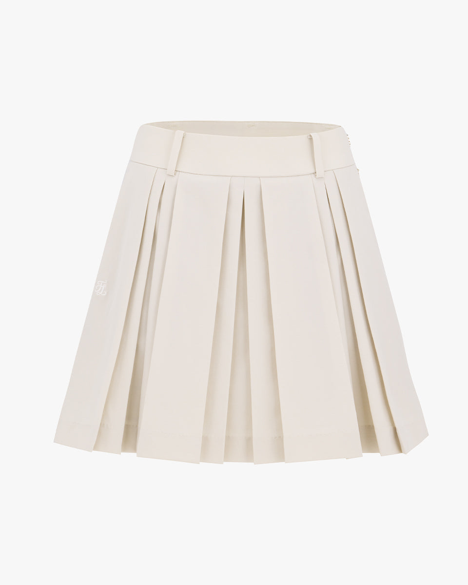Logo Embellished Pleated Skirt (Beige)