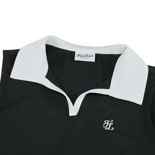 Contrast Collar Open-neck Sleeveless T-Shirt (Black)