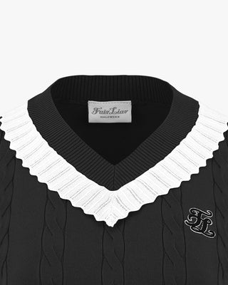 V Neck Frill Knit Vest (Black)