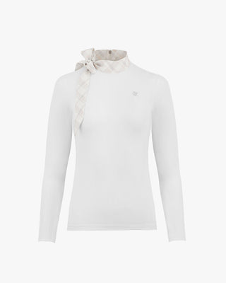 Check Ribbon Scarf Long Sleeve Shirt (White)