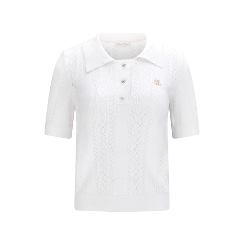 Ribbon Button Mesh Short Sleeve Knit (White)