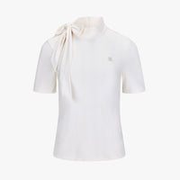 Ribbon High Neck Seven-Button T-Shirt (White)