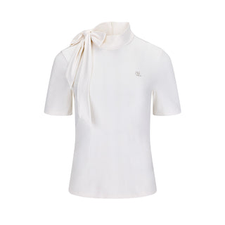 Ribbon High Neck Seven-Button T-Shirt (White)