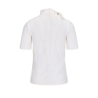 Ribbon High Neck Seven-Button T-Shirt (White)