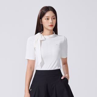 Ribbon High Neck Seven-Button T-Shirt (White)