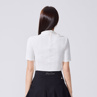 Ribbon High Neck Seven-Button T-Shirt (White)