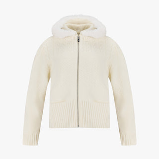 Fur Hooded Zipup Windproof Cardigan (Ivory)
