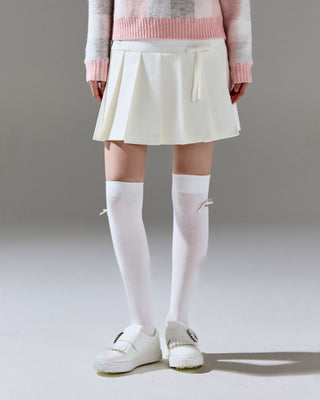 Ribbon pleated culotte pants (White)