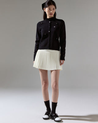 Leather flower trimmed cardigan (Black)