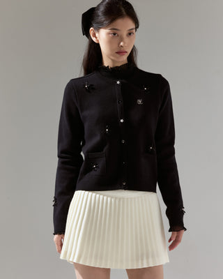 Leather flower trimmed cardigan (Black)