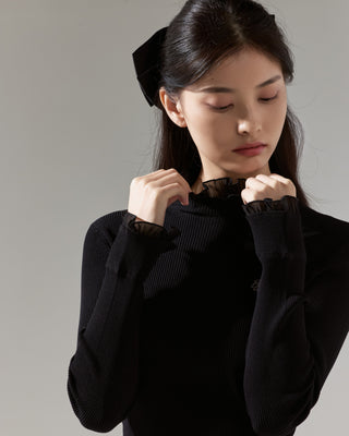 Fair Liar Double Frill High Neck Rib Knit (Black)