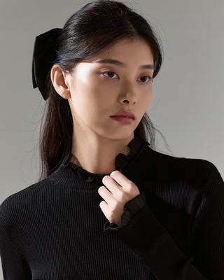 Fair Liar Double Frill High Neck Rib Knit (Black)