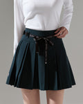 Flower belt set pleated skirt- Dark Green