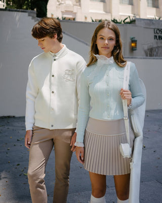 [FL Signature] Pearl & Bead Flare Pleated Skirt (Beige)