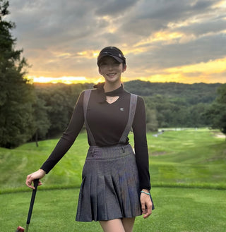 High waist overall pleated skirt (Black)