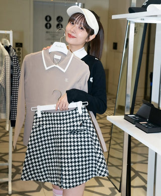 Leather Color Combination Collar Knit (Cocoa)